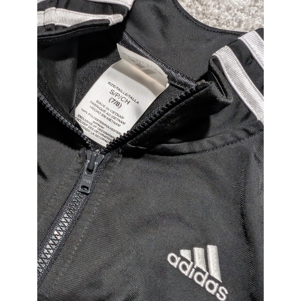 Adidas 3 Stripe Boys S 7/8 Black White Zip Up Sports Track Jacket W/Pockets - Picture 3 of 4